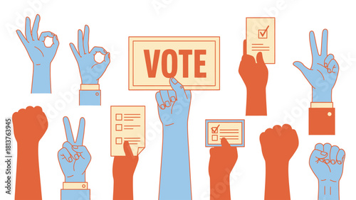 Diverse Hands Raised Holding Vote Sign and Ballots - Election, Democracy, and Civic Participation Vector Illustration