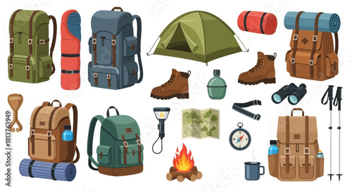 A comprehensive flat vector illustration set of essential tourist and camping equipment for trekking,hiking, and outdoor survival adventure concepts