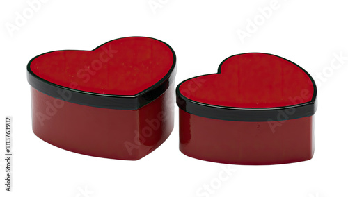 Two glossy red heart-shaped gift boxes with black edges, one larger, one smaller