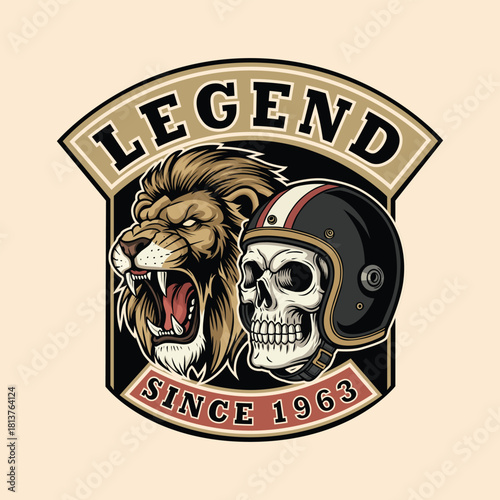 Legendary biker skull and roaring lion badge, vintage design since 1963 - perfect for edgy apparel and motorcycle club branding with fearless aesthetic