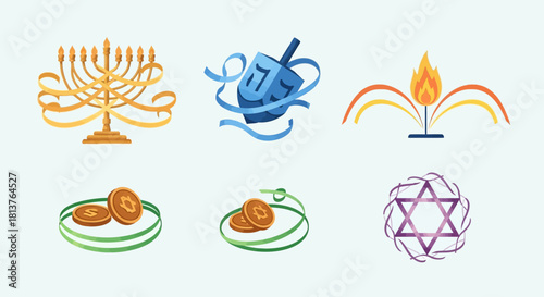 Ribbon Swirl Hanukkah Icons — Decorative Curled Vector Judaica Set
