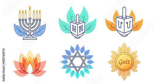 Hanukkah Leaf Emblem Icons — Decorative Organic Judaica Vector Set