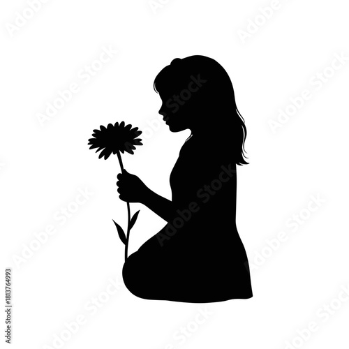 Silhouette of young woman holding flower in minimalist black and white style for love, beauty, and contemplation