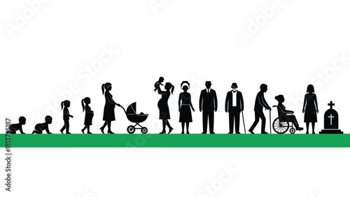 Human Life Cycle Stages Silhouette Vector Illustration from Infancy to Old Age and Death Timeline
