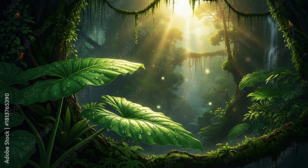 Fototapeta premium Sunbeams filtering through a lush and mysterious tropical jungle.