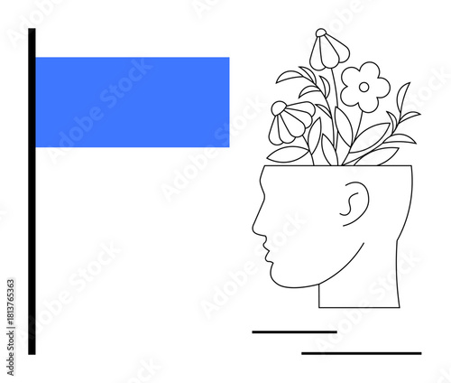 Open head with growing flowers, representing self-expression, creativity, growth, mindfulness, positivity, innovation, mental well-being. Ideal for personal development education or therapy themes