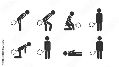 Farting Man Icon Set. Pictogram collection illustrating flatulence in various poses.