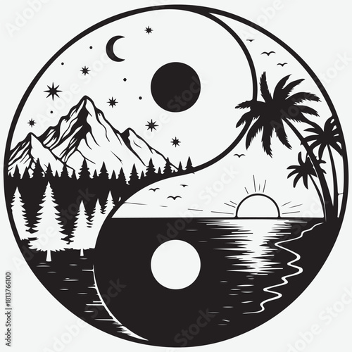 Yin Yang Symbol with Mountain and Beach Landscapes, Moon and Sun