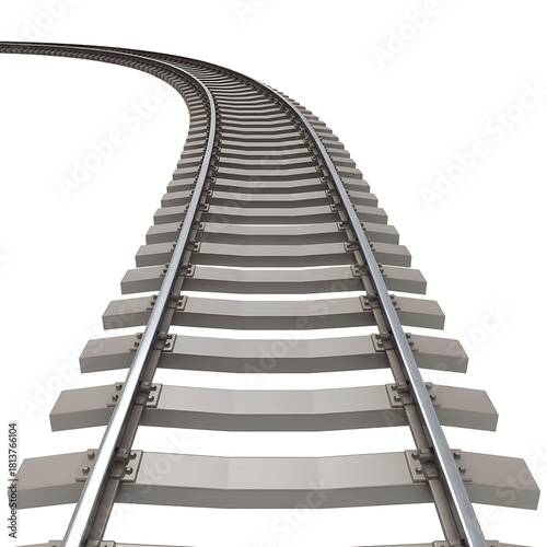 Curving railroad tracks leading into the distance with a sense of journey and travel isolated on transparent background