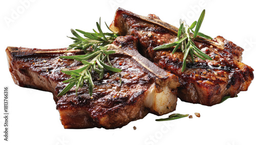 Two savory grilled, seasoned meat chops with fresh rosemary and peppercorns on black