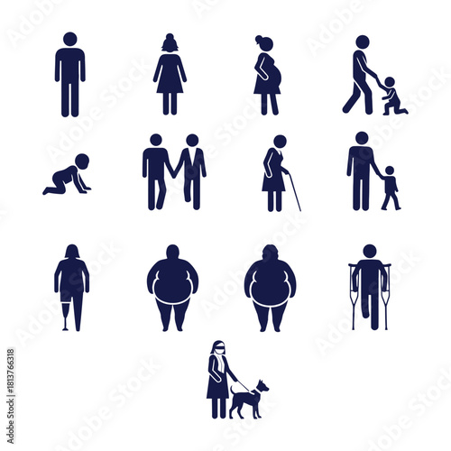 Diverse human figures representing various activities and physical conditions in blue