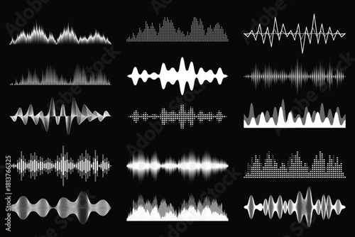 Monochromatic graphic elements depicting sound fluctuations and music data, offering diverse forms like digital equalizers, rhythmic waves, and signal analyses