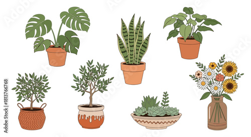Vibrant vector illustration featuring a diverse collection of potted green houseplants and a fresh floral bouquet, perfect for home decor and botanical themes