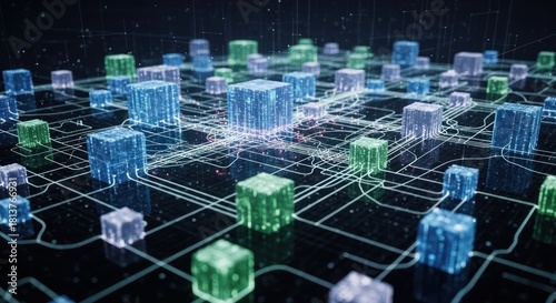 Abstract network of glowing blue and green cubes connected by lines representing data flow and blockchain technology.