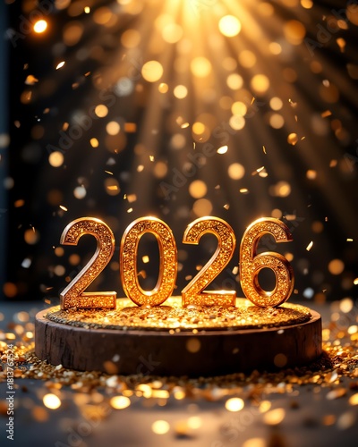 Golden Future: Illuminated '2026' A golden inscription of the year '2026' is set against a backdrop of shimmering light and falling confetti, symbolizing anticipation and prosperity. 
