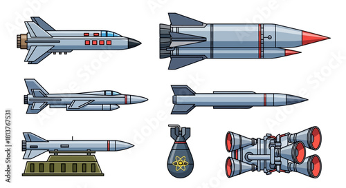 Collection of pixel art airplanes and missiles with nuclear weapon
