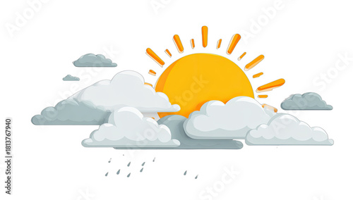 Bright cartoon sun above layered clouds, with rain falling from a single cloud