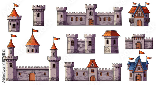Collection of Medieval Castle Towers and Fortifications Illustrations