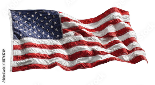 Rippling fabric of the United States flag against a dark, transparent background