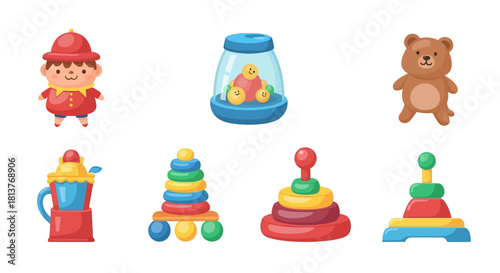 Cute cartoon collection of developmental toys for children, featuring a stacking pyramid, bear, and doll. Isolated vector elements