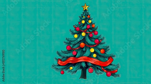 Luxurious Deep Teal Christmas Tree in Hand-Drawn Color Sketchnote Style
