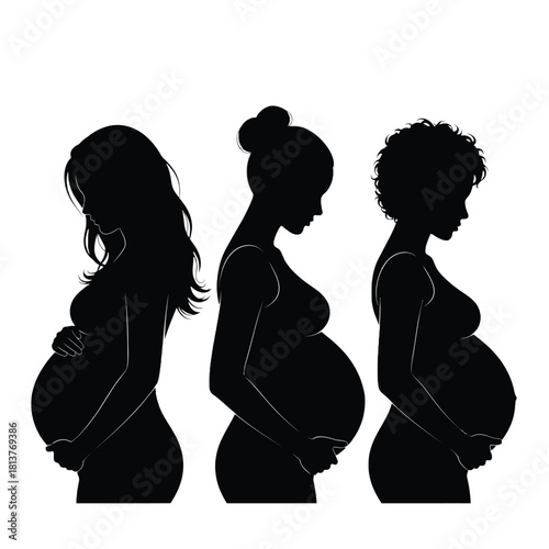 Silhouette depictions of three pregnant women in varying stages of gestation