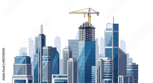 Modern cityscape illustration showing urban growth and real estate development with tall buildings and a tower crane