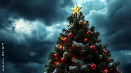 Cute Adorable Christmas Tree with Charming Features Under Intense Dramatic Stormy Skies