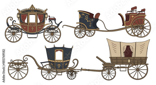 Elegant Collection of Historical Horse-Drawn Carriages and Antique Coaches Vector Illustrations for Classic Travel and Luxury Transport Design