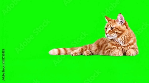 Curious ginger cat lying on a vibrant green background, looking alert.