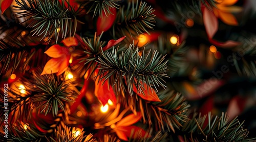 Extreme Macro Close-Up of Christmas Tree Details in Warm Autumn Colors