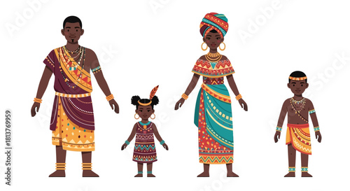 Illustrative portrayal of an African family wearing colorful traditional garments, showcasing rich cultural heritage and unity