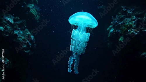 Bioluminescent jellyfish gracefully drifts through dark ocean depths, emitting an ethereal glow.
