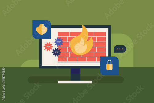 Computer firewall software protects systems from malicious virus and cyber attack to ensure total cyber security.