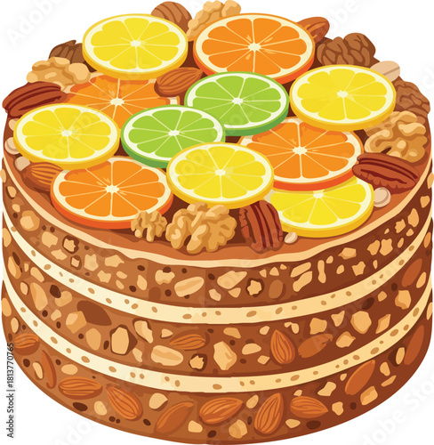 Illustration of a cake topped with sliced citrus fruits and nuts on a white background in a flat lay composition.
