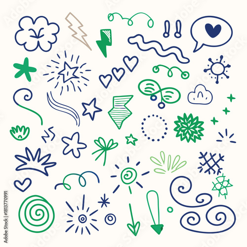 Set of colorful cartoonish doodles, including various arrows, decorative stars, clouds, lightning bolts, and abstract scribbles, ideal for adding a cheerful touch to projects
