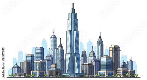 Modern Cityscape with Diverse Skyscrapers and Urban Architecture