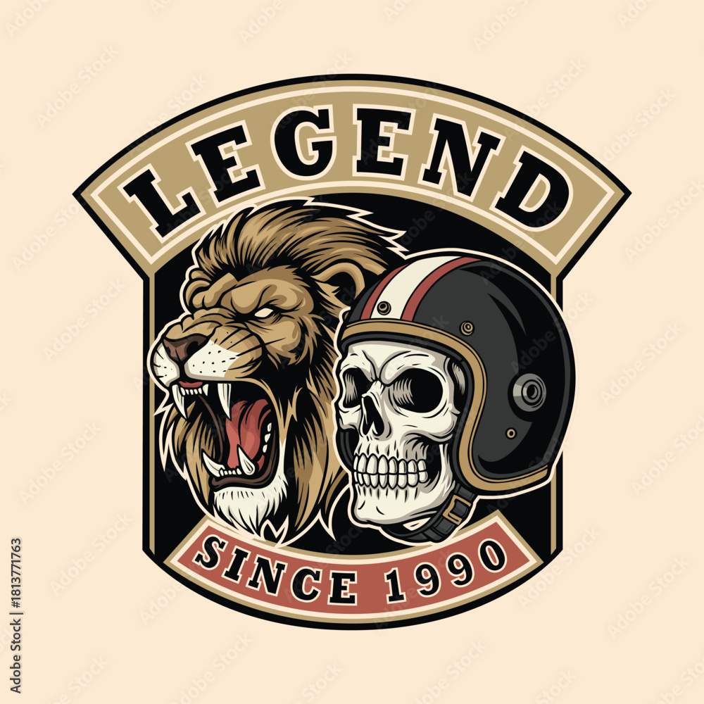 Fototapeta premium Legendary biker skull roars beside a ferocious lion, a timeless emblem of power and boldness since 1990 perfect for edgy apparel designs and branding