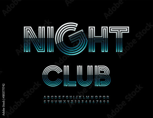 Vector entertainment emblem Night Club. Unique Maze style Font. Modern Cool Reflective Alphabet Letters and Numbers set