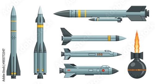 Vector collection of military armament showing various types of missiles, rockets, and an aerial bomb