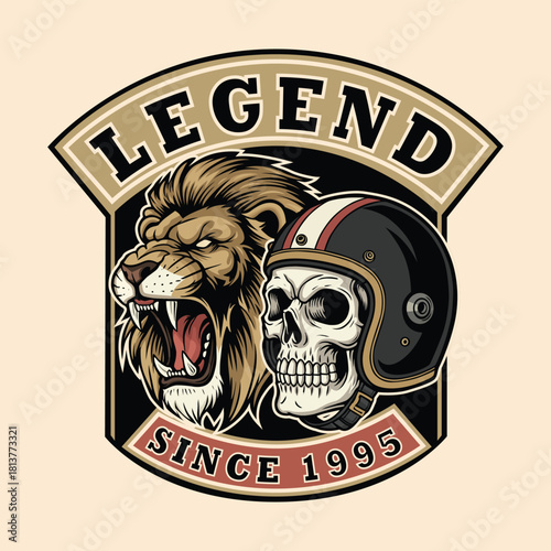 Bold legend graphic featuring a roaring lion alongside a skull wearing a helmet, perfect for edgy designs and powerful branding opportunities