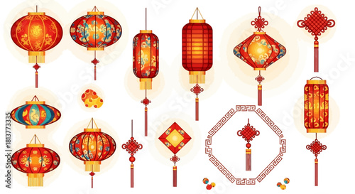 Various Chinese Lanterns and Decorations on White Background for Holiday Celebrations