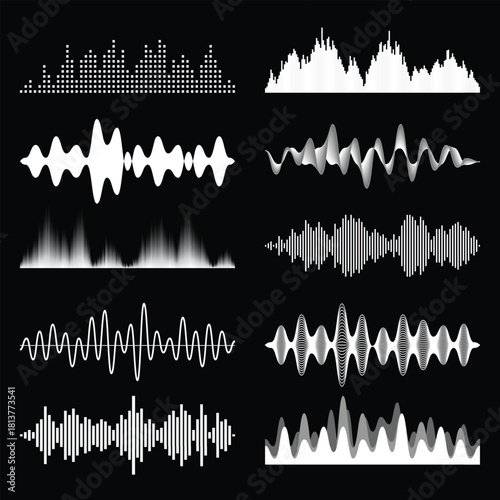 A comprehensive pack of sound wave vectors, featuring multiple designs such as oscillating lines, energy bursts, and frequency meters, all in a modern, clean black and white aesthetic