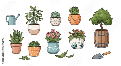 A doodle-style set of various indoor plants in decorative pots with a watering can and a garden trowel for home gardening
