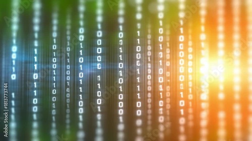 Digital Matrix: An abstract composition of binary code cascading downwards, illuminated with a vibrant light, representing the intricacies of data and the digital realm.