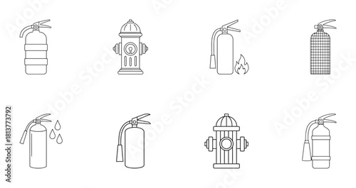 Set of fire safety equipment line icons featuring fire extinguishers and hydrants with various geometric textures and designs.