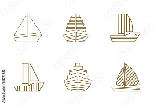 Diverse set of ship and sailboat line icons featuring various nautical vessels and geometric sail designs for travel and maritime concepts.