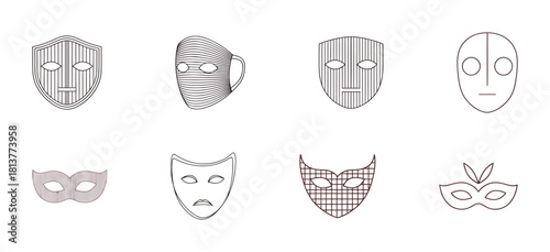 Assortment of cultural and carnival mask line icons with various geometric patterns for theater, mystery, and celebration themes.
