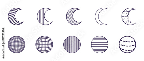 Set of moon and planet line icons featuring various crescent phases and geometric patterns for astronomy and space themes.