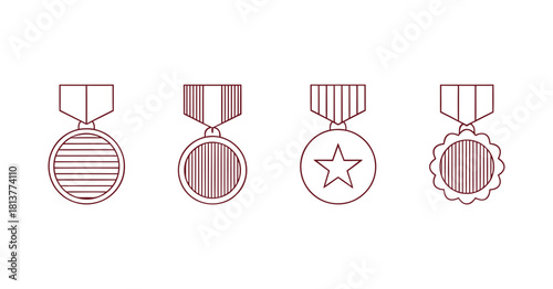 Collection of linear military and achievement medal icons, various award designs with star and stripe patterns, honor and recognition symbols.